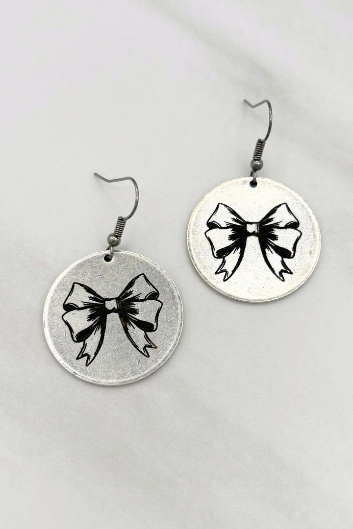 Bow Engraved Metal Coin Simple Dangle Earrings