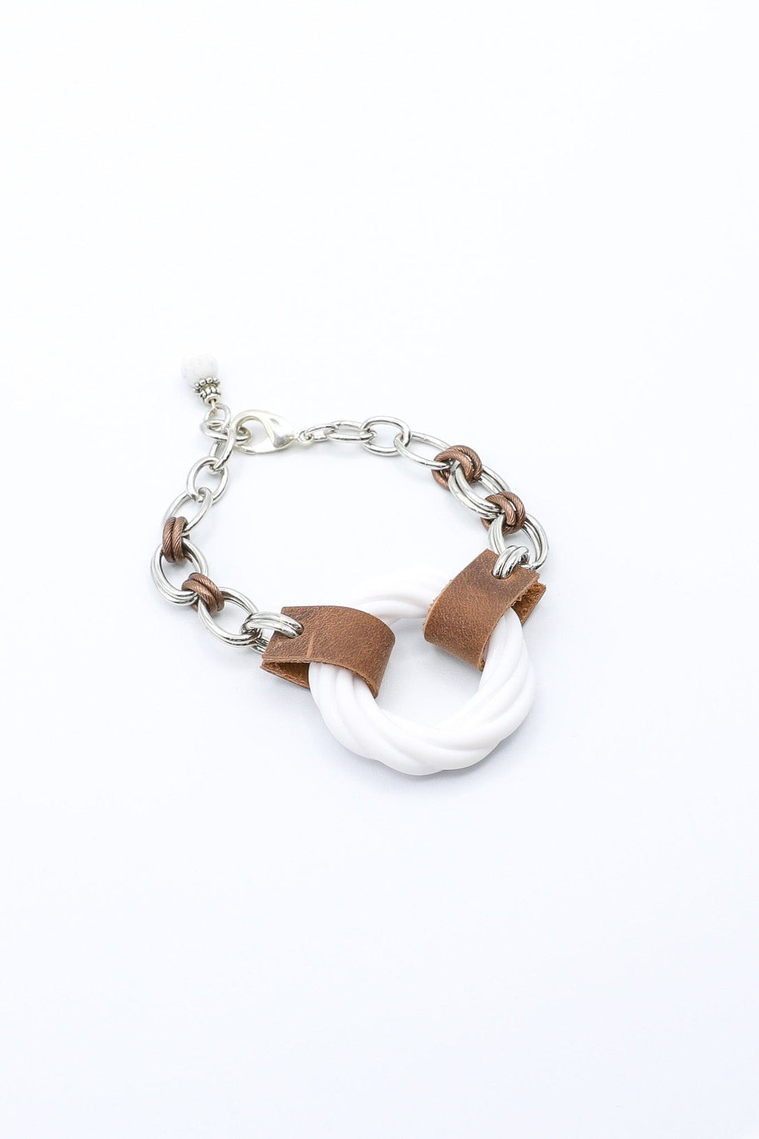 Bracelet with Leather and White Vintage Connector Ring