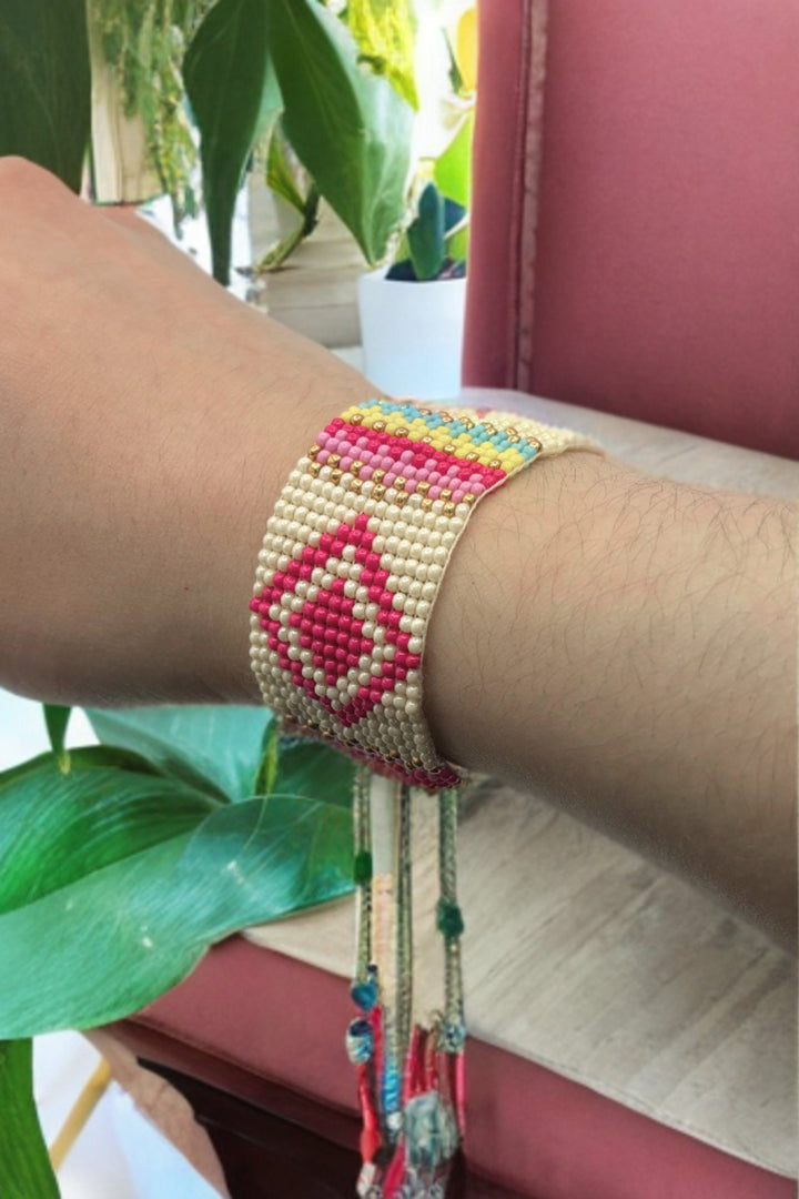 Bright Tribal Pattern Beaded Self-Tie Tassel Bracelet