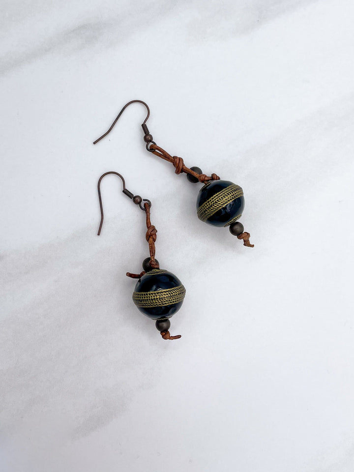Bronze Hook Leather and Bead Rustic Earrings