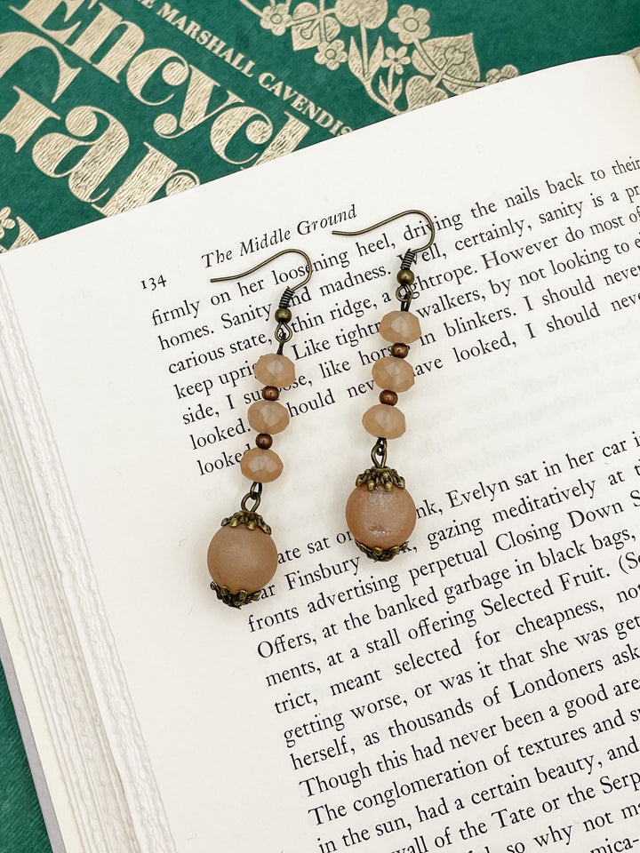 Bronze Metal Dangle Earrings with 3 Beads and Genuine Stone Charm