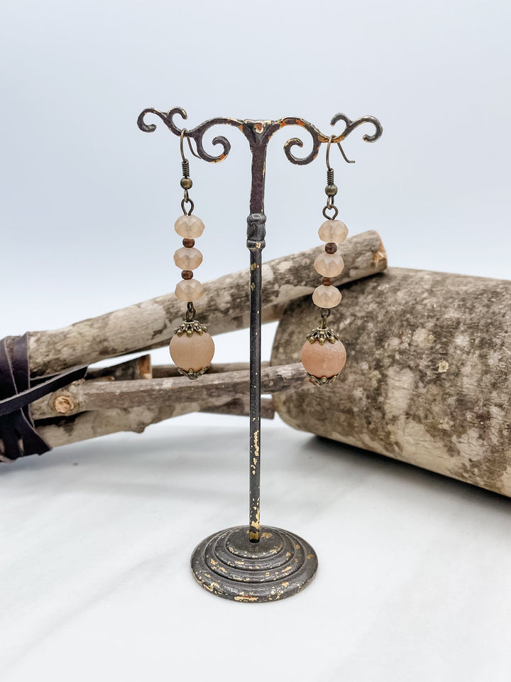 Bronze Metal Dangle Earrings with 3 Beads and Genuine Stone Charm