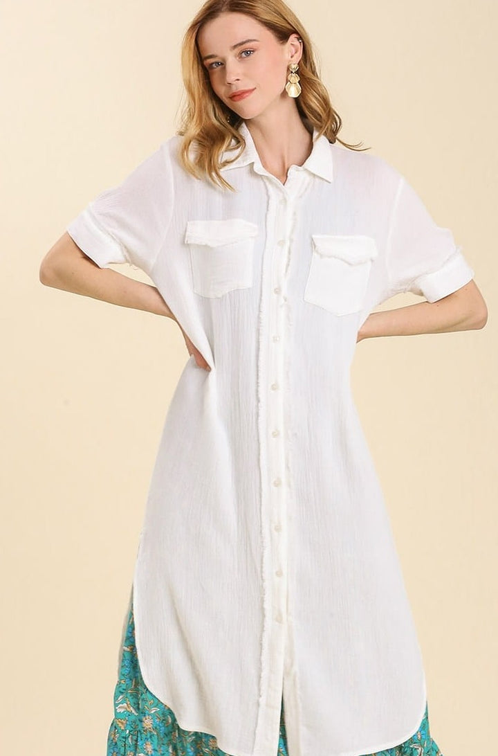 Button Up Cotton Midi Dress with Pocket Details