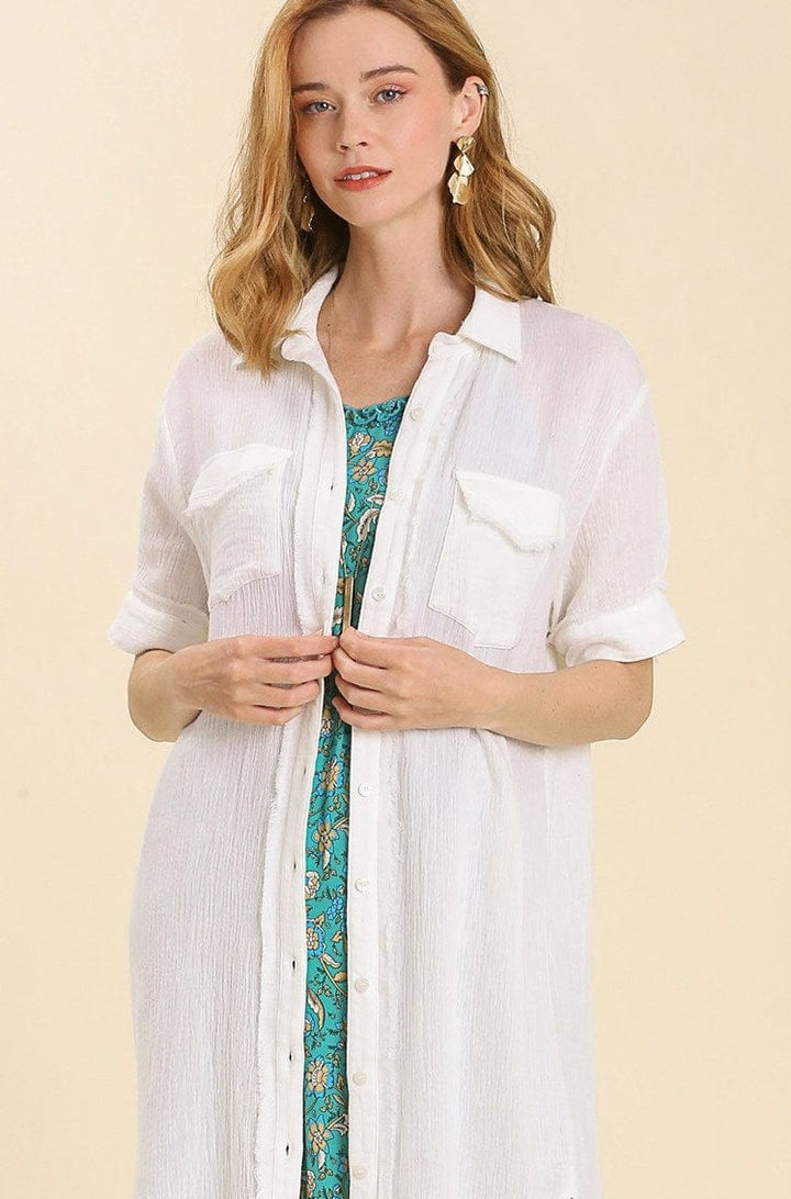 Button Up Cotton Midi Dress with Pocket Details