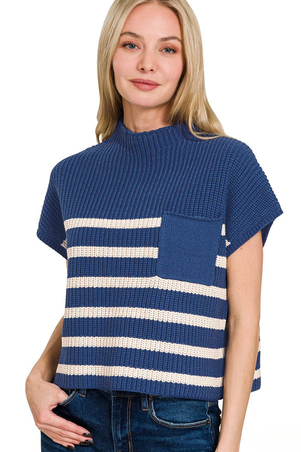 Zenana Short Sleeve High Neck Pocket Front Horizontal Striped Short Sleeve Sweater Top