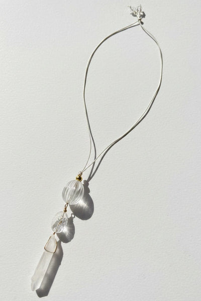 Cailleach Handmade Clear Stack Leather Cord Necklace with Crystal Point Centerpiece