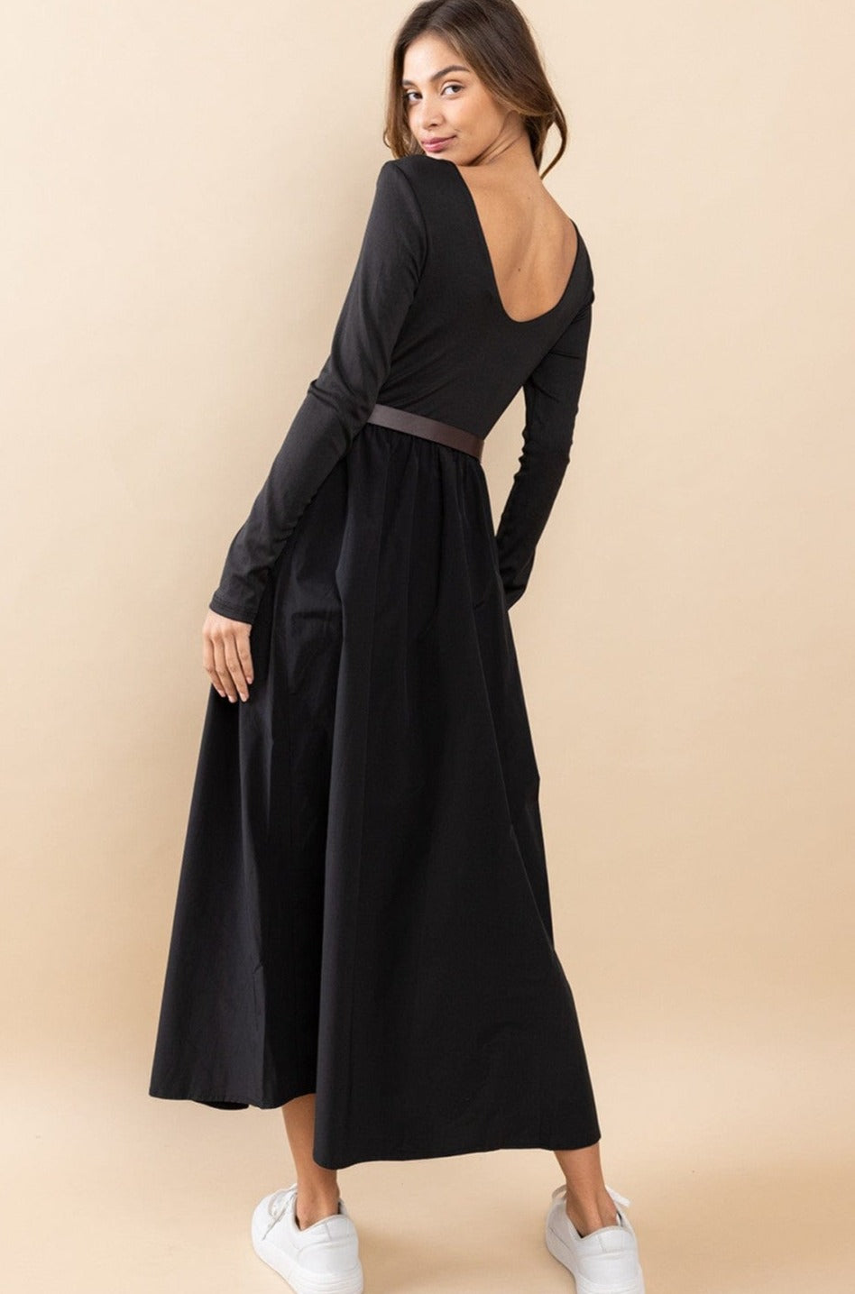 Ces Femme Contrast Fabric Long Sleeve Midi Dress