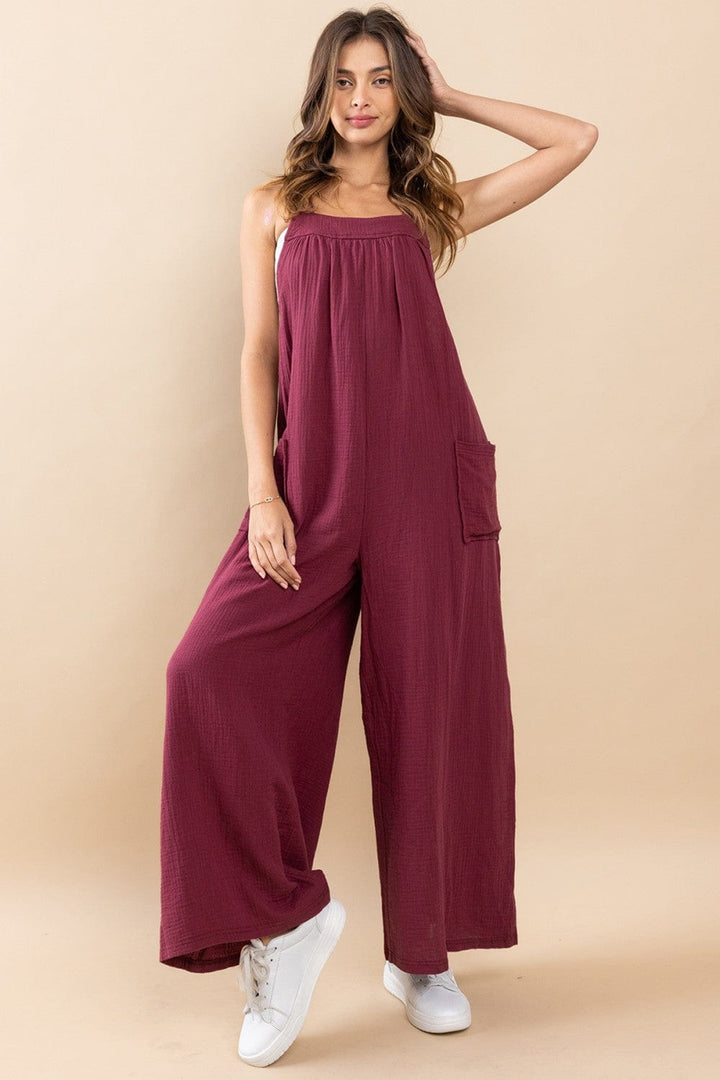 Ces Femme Cotton Gauze Solid Wide Leg Jumpsuit