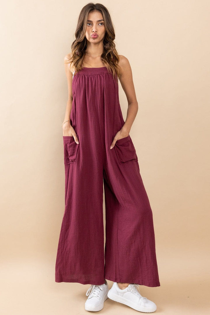 Ces Femme Cotton Gauze Solid Wide Leg Jumpsuit