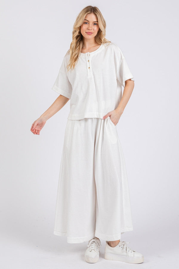 Ces Femme Knit Raw Edge Henley Neck Top and Wide Leg Flowy Pants Set