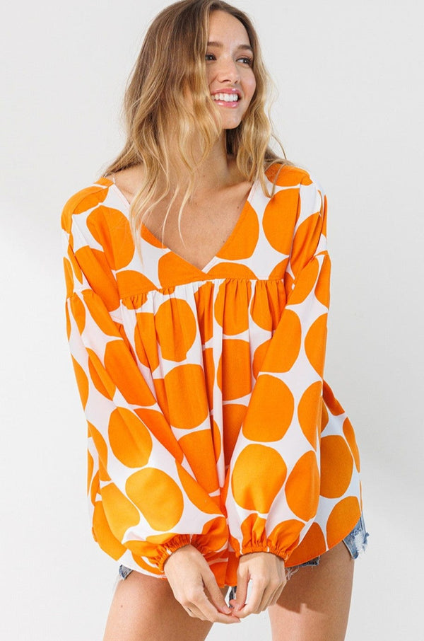 Ces Femme Orange Polka Dot Billow Long Sleeve Top in Comfortable Fit