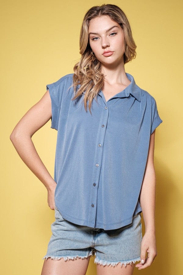 Ces Femme Roll-Up Short Sleeve Basic Collared Top