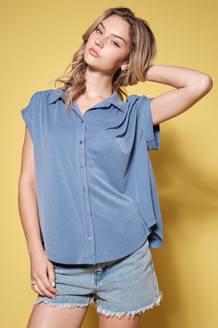 Ces Femme Roll-Up Short Sleeve Basic Collared Top