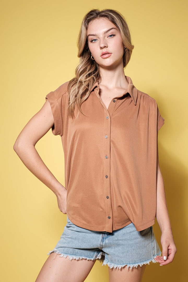 Ces Femme Roll-Up Short Sleeve Basic Collared Top