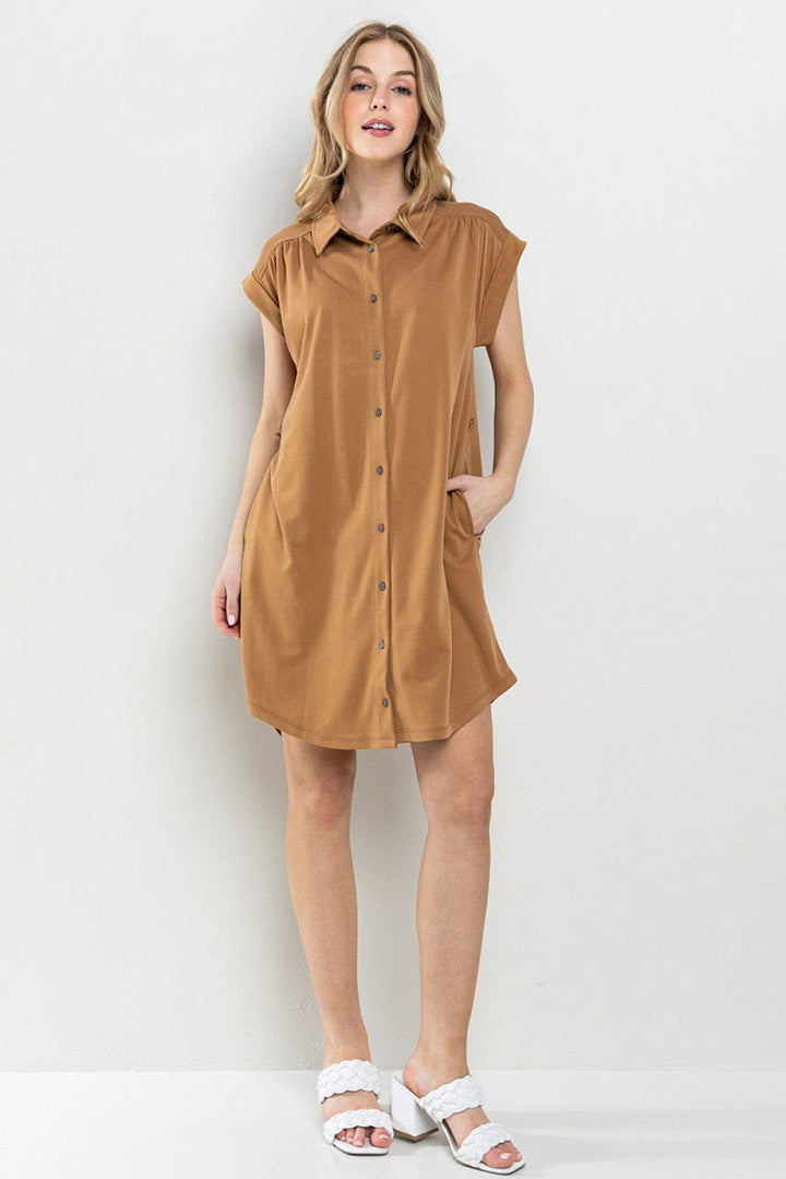 Ces Femme Solid Collared Mini Dress with Side Pockets