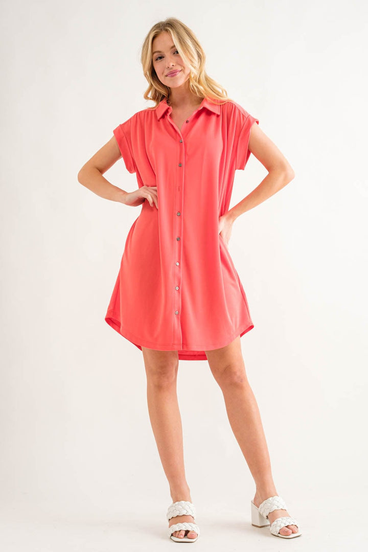 Ces Femme Solid Collared Mini Dress with Side Pockets