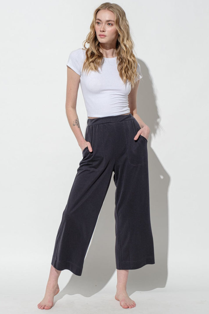 Ces Femme Stretch Elastic Waist Band Wide Leg Loungewear Pants with Pockets