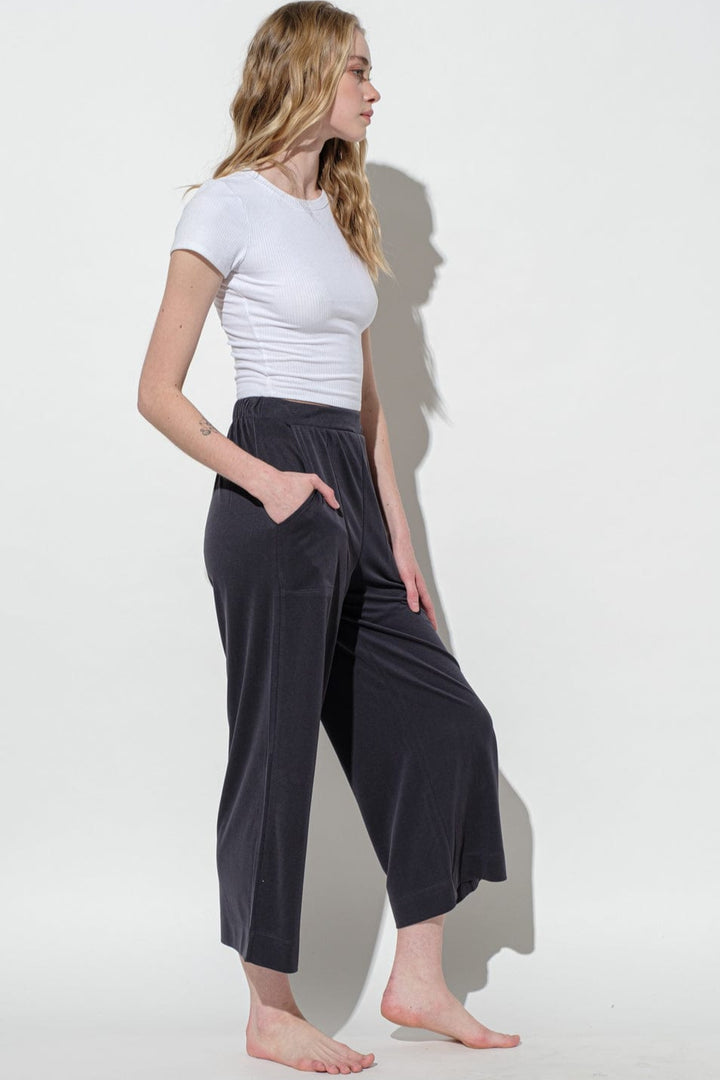 Ces Femme Stretch Elastic Waist Band Wide Leg Loungewear Pants with Pockets