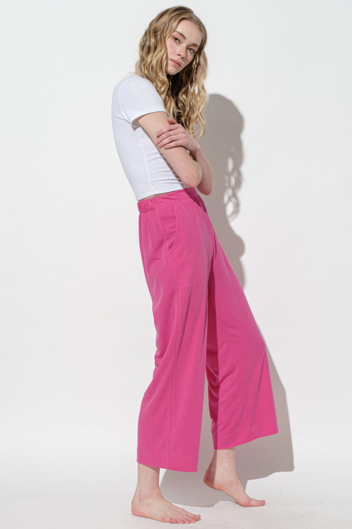 Ces Femme Stretch Elastic Waist Band Wide Leg Loungewear Pants with Pockets