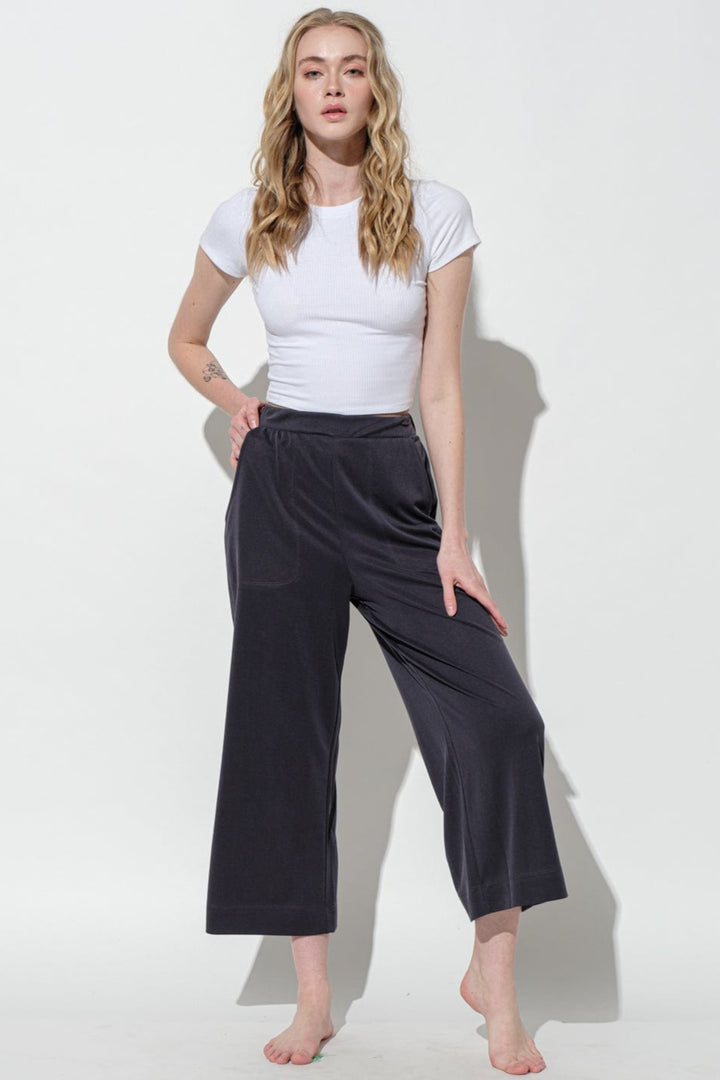 Ces Femme Stretch Elastic Waist Band Wide Leg Loungewear Pants with Pockets