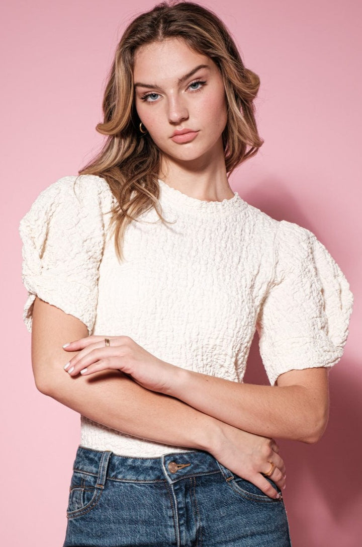 Ces Femme Textured Fabric Blouse With Short Puff Sleeves