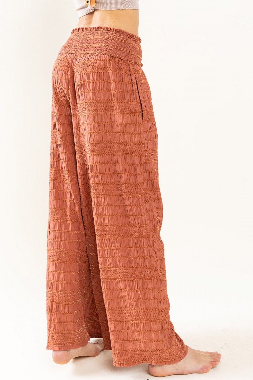 Ces Femme Textured Fabric Smocked Solid Wide Pants