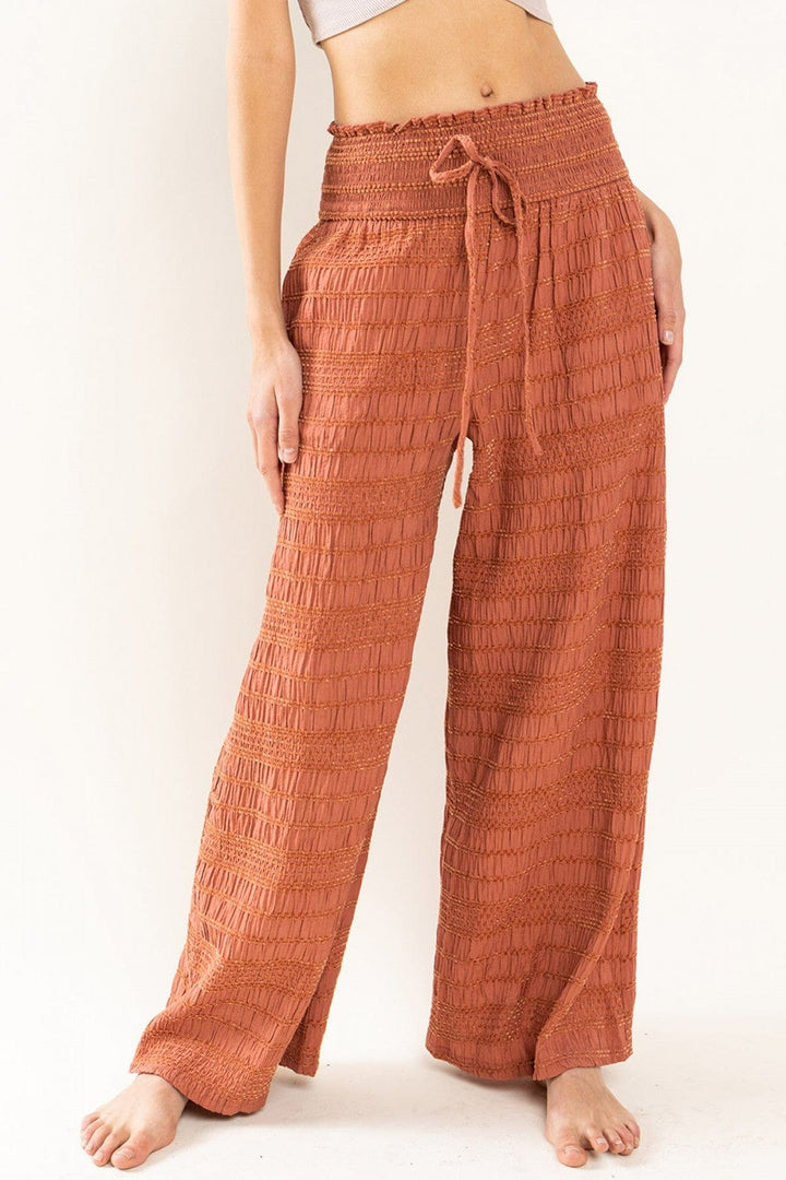 Ces Femme Textured Fabric Smocked Solid Wide Pants