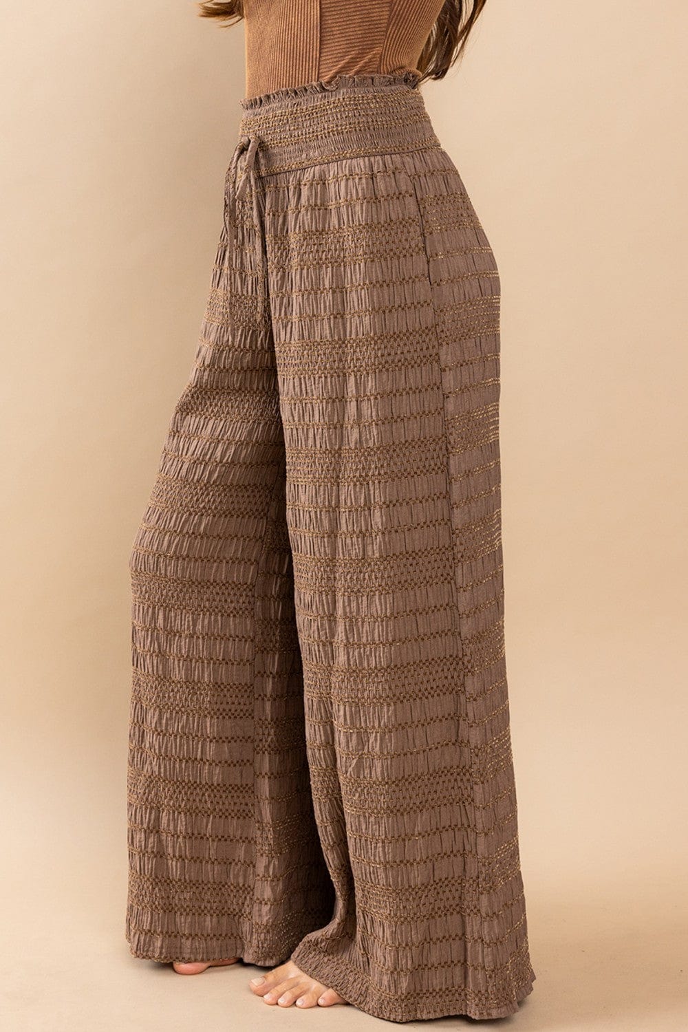 Ces Femme Textured Fabric Smocked Solid Wide Pants