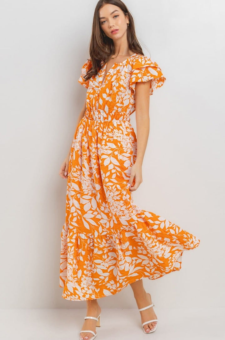 Ces Femme Textured Ruffle Sleeve Foliage Print Dress