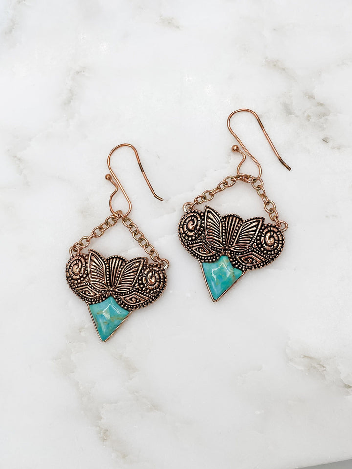Chain Attached Turquoise and Bronze Pendant Earrings