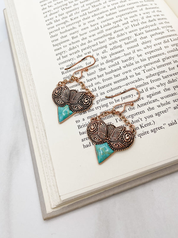 Chain Attached Turquoise and Bronze Pendant Earrings