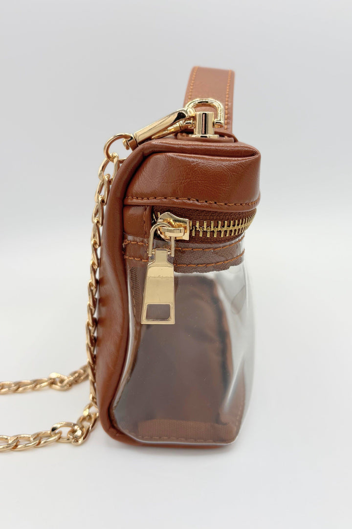 Chain Crossbody Vegan Leather Zip Top Handle Clear Rectangle Concert Stadium Bag