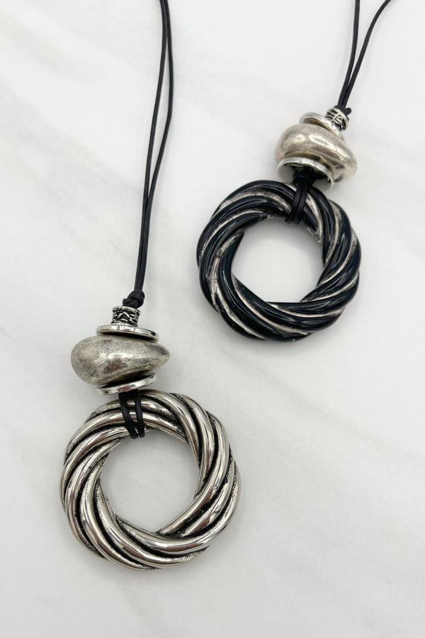 Charis Swirl Ring Pendant and Accent Beads on Leather Cord Necklace