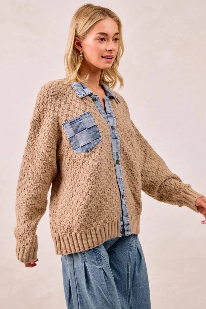 Checker Denim Trim Button Up Knit Sweater Cardigan