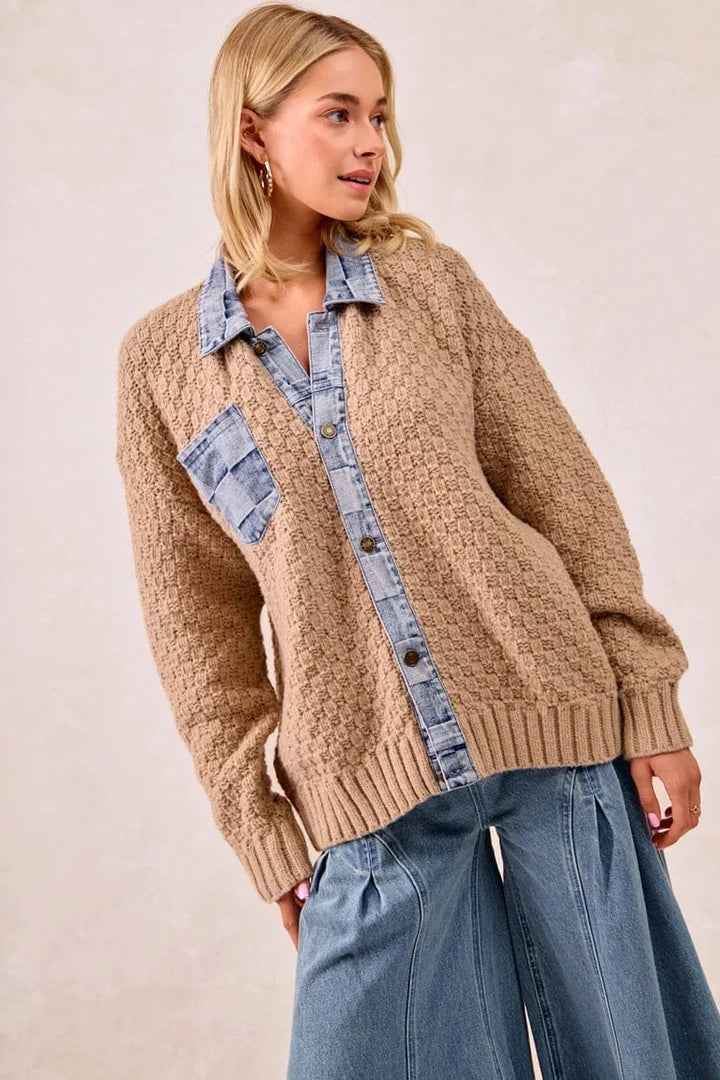 Checker Denim Trim Button Up Knit Sweater Cardigan