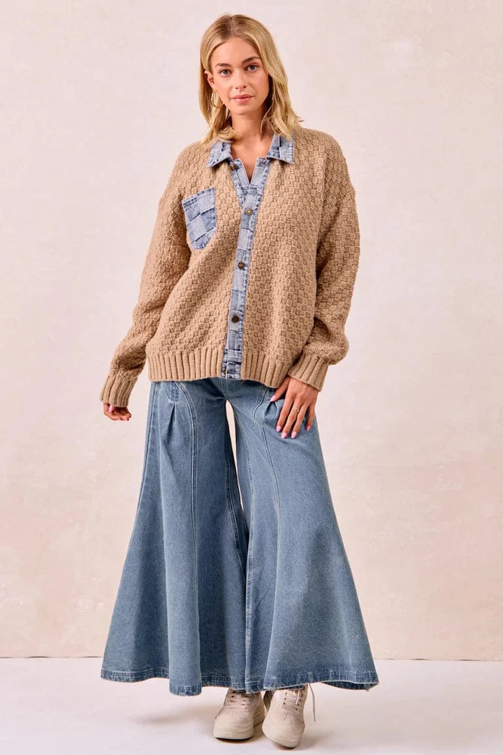 Checker Denim Trim Button Up Knit Sweater Cardigan