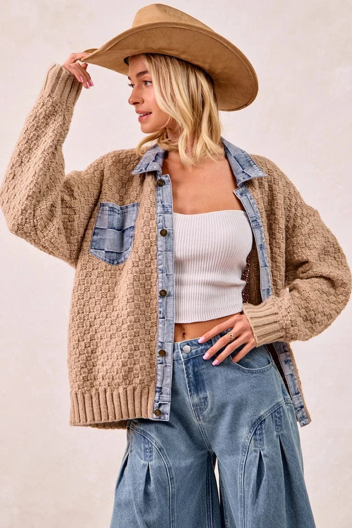 Checker Denim Trim Button Up Knit Sweater Cardigan
