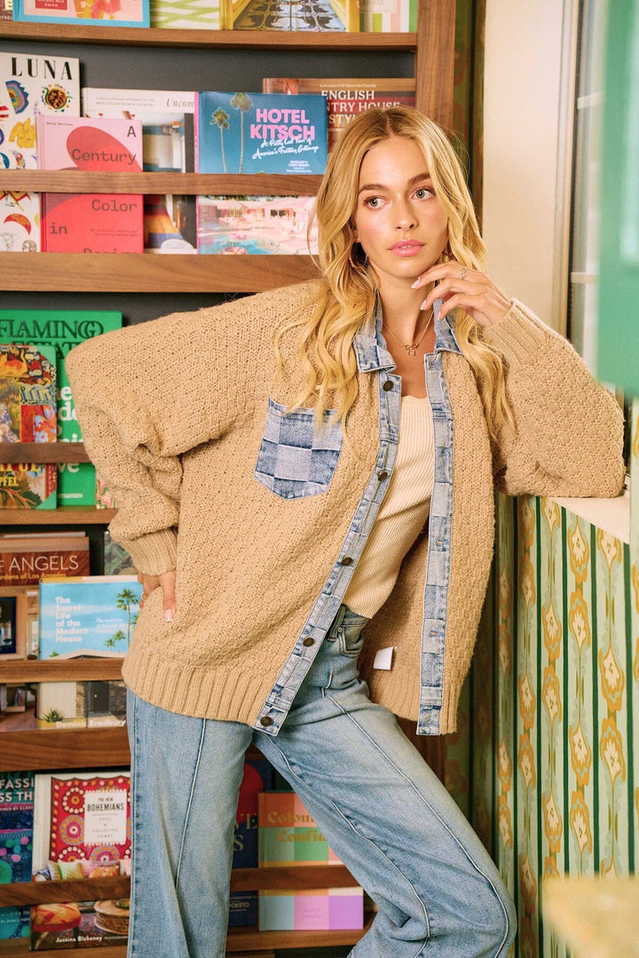 Checker Denim Trim Button Up Knit Sweater Cardigan