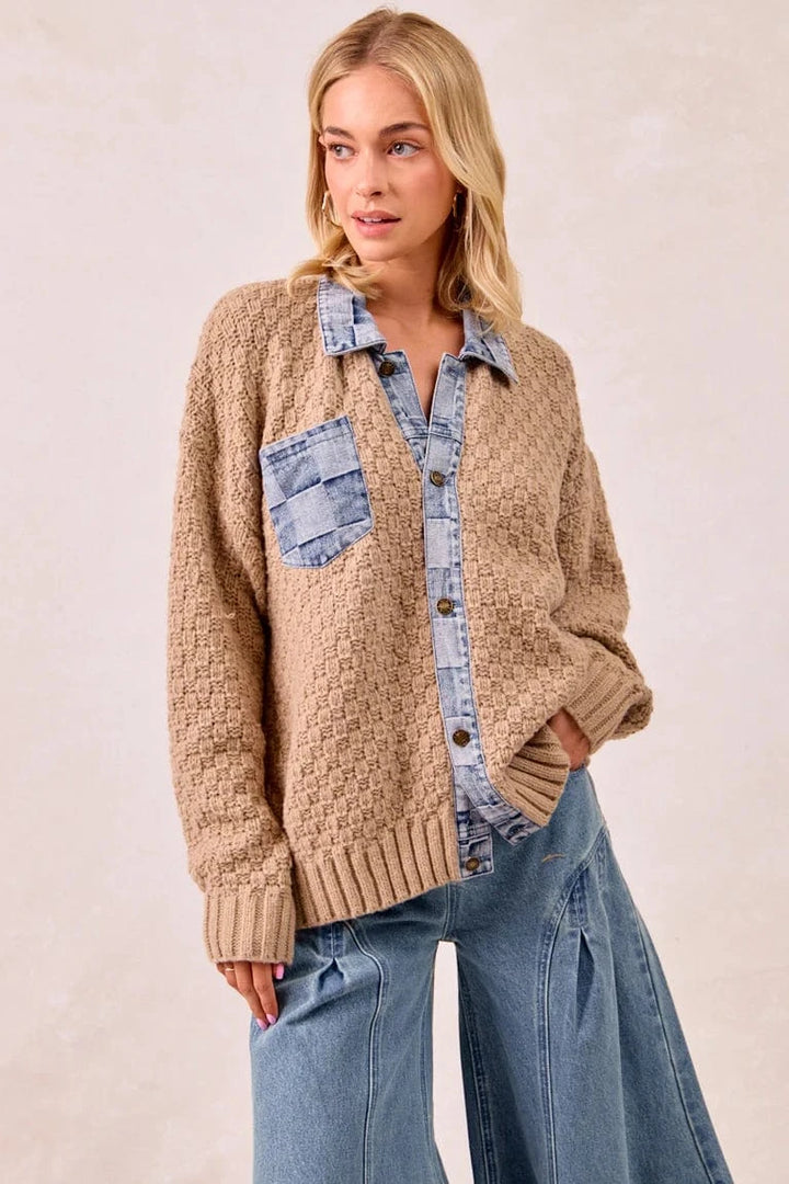 Checker Denim Trim Button Up Knit Sweater Cardigan