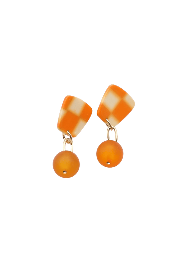 Checkerboard Earrings with Dangling Orange Ball Accent