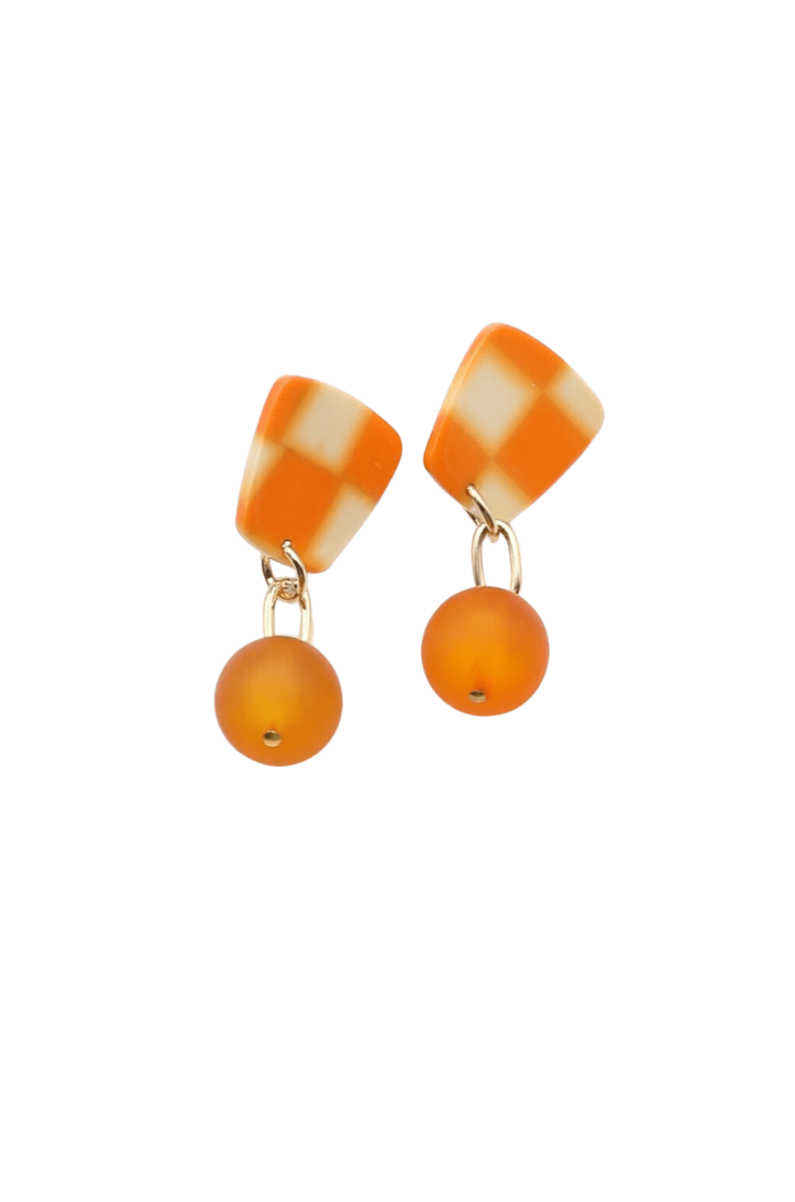 Checkerboard Earrings with Dangling Orange Ball Accent