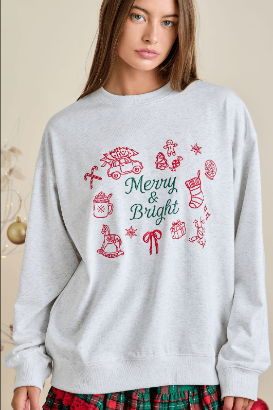 Christmas Doodle Embroidered "Merry & Bright" Script Sweatshirt