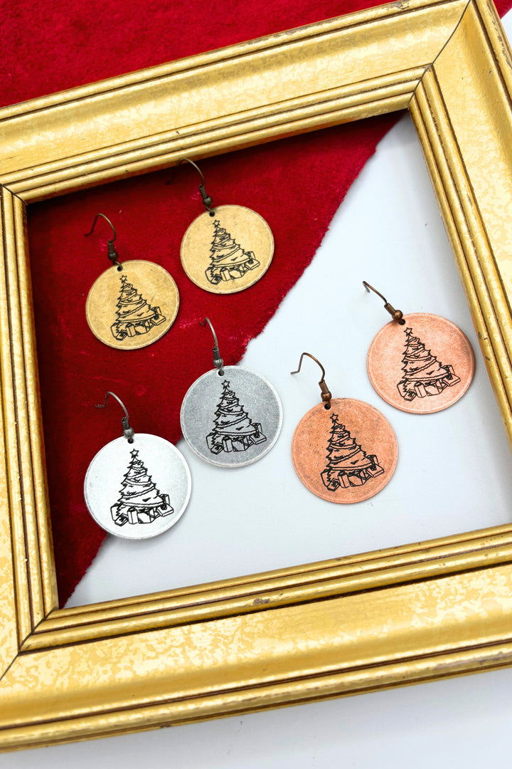 Christmas Gifts Under the Tree Large Engraved Coin Dangle Earrings