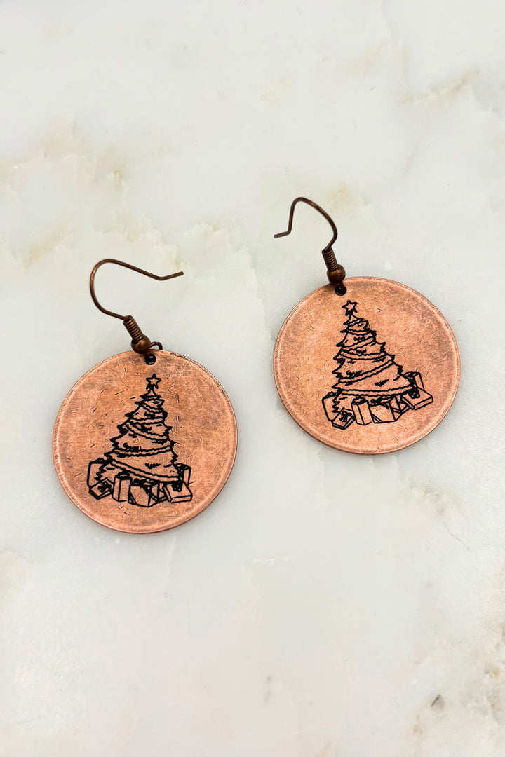 Christmas Gifts Under the Tree Large Engraved Coin Dangle Earrings