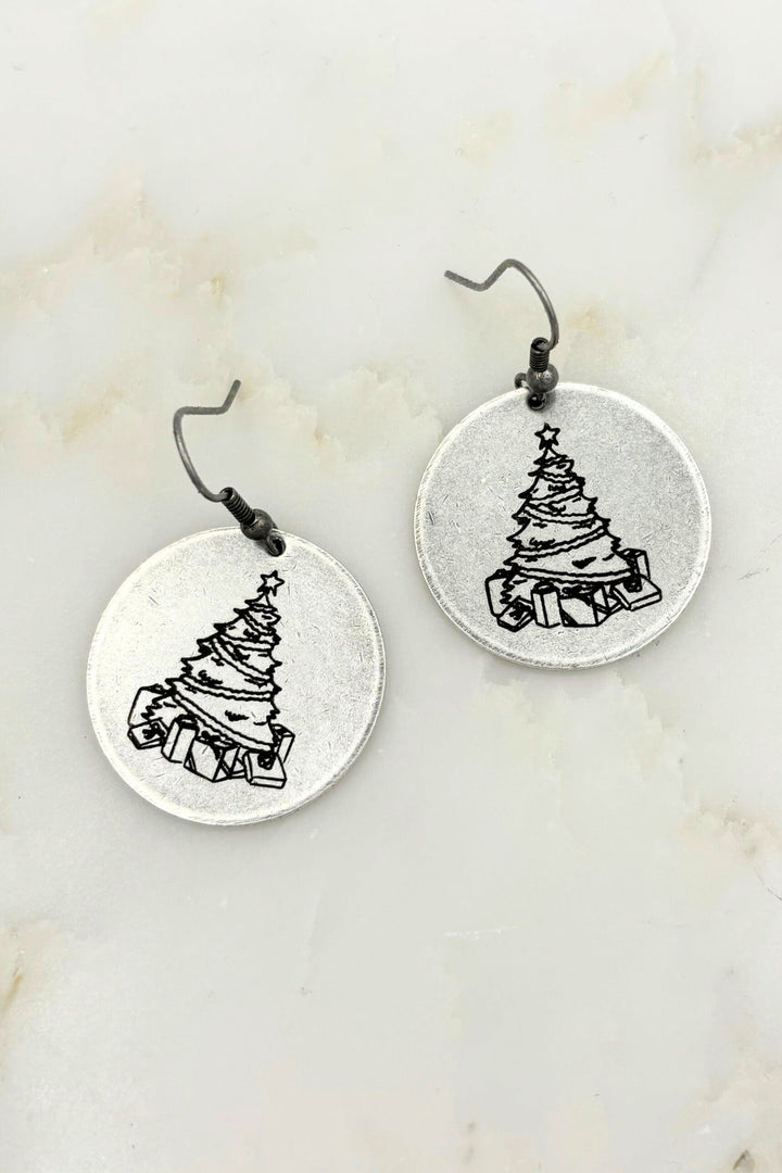 Christmas Gifts Under the Tree Large Engraved Coin Dangle Earrings