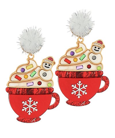 Christmas Hot Cocoa Snowman Pompom Dangle Earrings