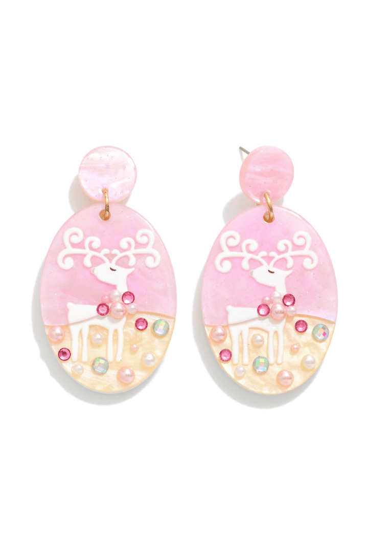 Christmas Reindeer Oval Acrylic Dangle Earrings