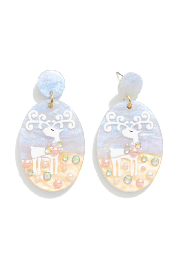 Christmas Reindeer Oval Acrylic Dangle Earrings