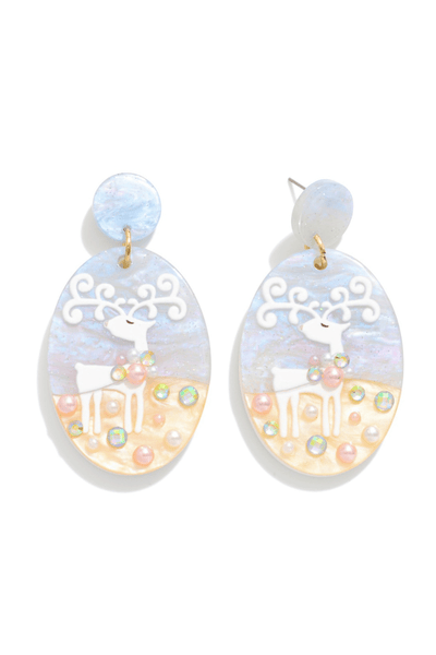Christmas Reindeer Oval Acrylic Dangle Earrings