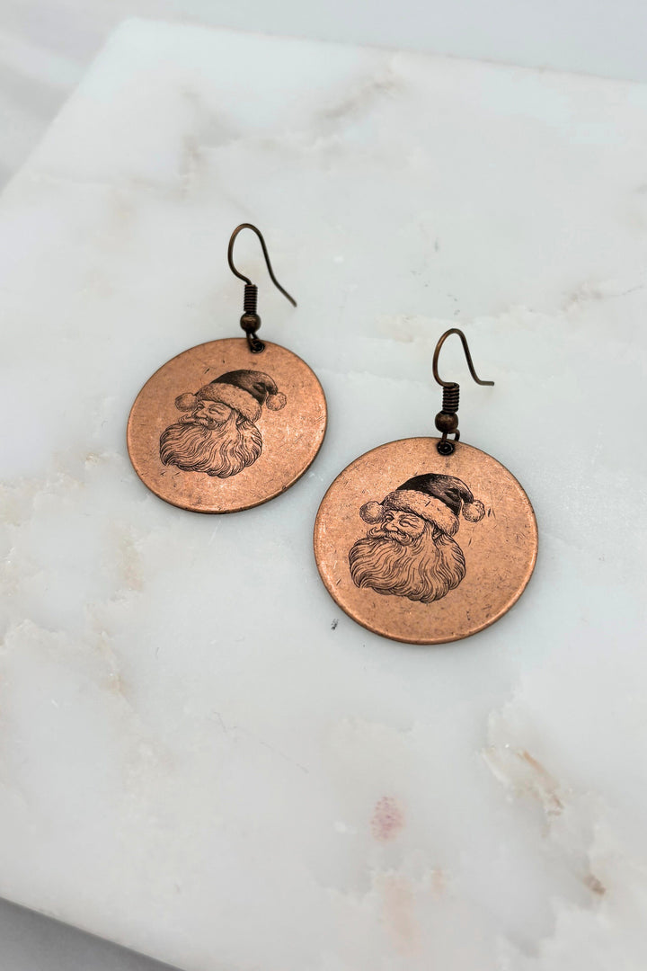 Christmas Santa Engraved Coin Dangle Earrings